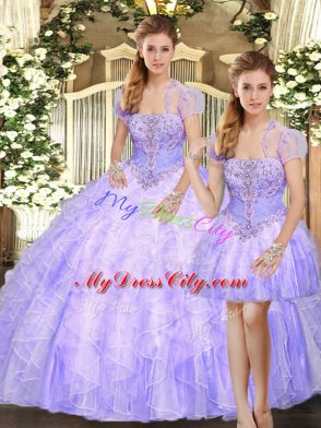 Lavender Three Pieces Beading and Appliques and Ruffles Vestidos de Quinceanera Lace Up Tulle Sleeveless Floor Length