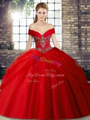 Red Tulle Lace Up Off The Shoulder Sleeveless Quinceanera Dress Brush Train Beading and Pick Ups