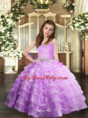 Graceful Sleeveless Floor Length Ruffled Layers Lace Up Pageant Dress with Lavender