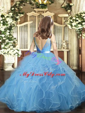 Ball Gowns Girls Pageant Dresses Baby Blue Scoop Tulle Sleeveless Floor Length Backless