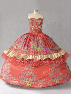 Custom Fit Rust Red Sleeveless Embroidery and Bowknot Floor Length 15 Quinceanera Dress