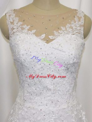 Suitable Sleeveless Tulle Mini Length Zipper Wedding Gown in White with Beading and Lace