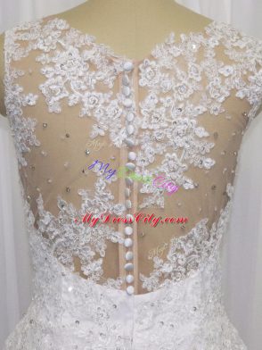 Suitable Sleeveless Tulle Mini Length Zipper Wedding Gown in White with Beading and Lace