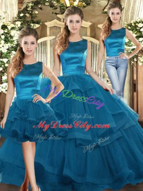 Fabulous Teal Tulle Lace Up Scoop Sleeveless Floor Length 15th Birthday Dress Ruffles