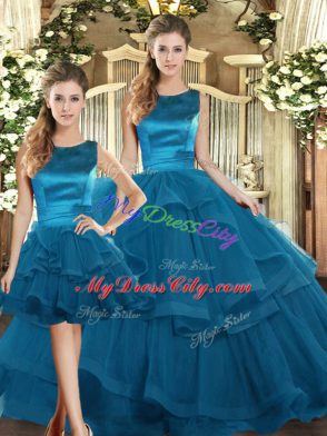 Fabulous Teal Tulle Lace Up Scoop Sleeveless Floor Length 15th Birthday Dress Ruffles