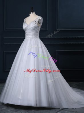 Glittering Grey V-neck Neckline Beading and Appliques Wedding Dress Sleeveless Lace Up