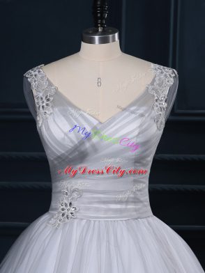 Glittering Grey V-neck Neckline Beading and Appliques Wedding Dress Sleeveless Lace Up