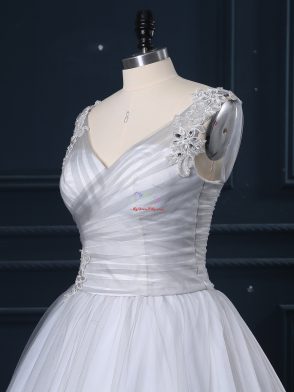 Glittering Grey V-neck Neckline Beading and Appliques Wedding Dress Sleeveless Lace Up