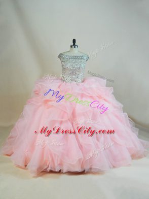 Pink Lace Up Off The Shoulder Beading and Ruffles Sweet 16 Quinceanera Dress Organza Sleeveless Brush Train