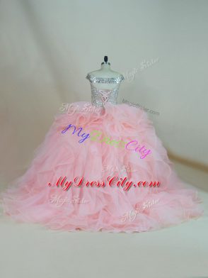 Pink Lace Up Off The Shoulder Beading and Ruffles Sweet 16 Quinceanera Dress Organza Sleeveless Brush Train