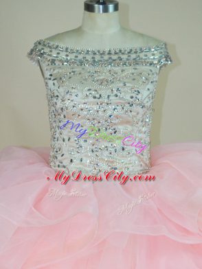 Pink Lace Up Off The Shoulder Beading and Ruffles Sweet 16 Quinceanera Dress Organza Sleeveless Brush Train