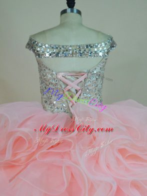 Pink Lace Up Off The Shoulder Beading and Ruffles Sweet 16 Quinceanera Dress Organza Sleeveless Brush Train