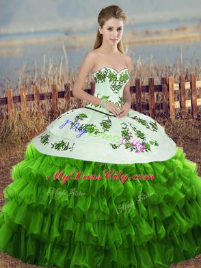 Customized Green Ball Gowns Organza Sweetheart Sleeveless Embroidery and Ruffled Layers and Bowknot Floor Length Lace Up Quinceanera Gowns