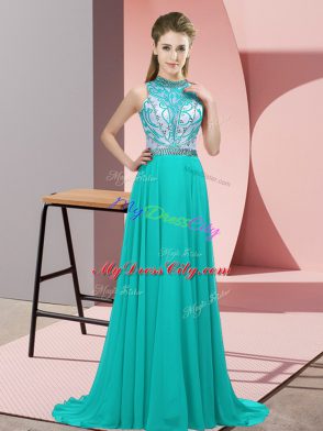 Sleeveless Chiffon Brush Train Backless Evening Dress in Turquoise with Beading