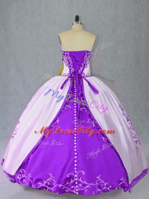 Dazzling White And Purple Ball Gowns Satin Scoop Sleeveless Embroidery Floor Length Lace Up Quinceanera Dress