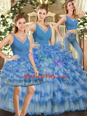 Glittering Blue Sleeveless Organza Backless 15th Birthday Dress for Sweet 16 and Quinceanera