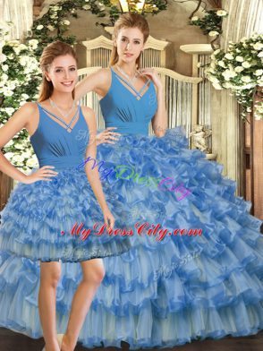 Glittering Blue Sleeveless Organza Backless 15th Birthday Dress for Sweet 16 and Quinceanera