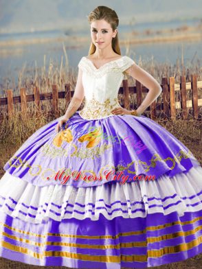 White And Purple Ball Gown Prom Dress Sweet 16 and Quinceanera with Embroidery and Ruffled Layers V-neck Sleeveless Lace Up