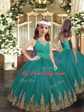 V-neck Sleeveless Ball Gown Prom Dress Floor Length Embroidery Turquoise Tulle