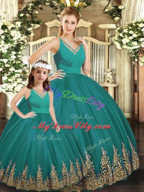 V-neck Sleeveless Ball Gown Prom Dress Floor Length Embroidery Turquoise Tulle