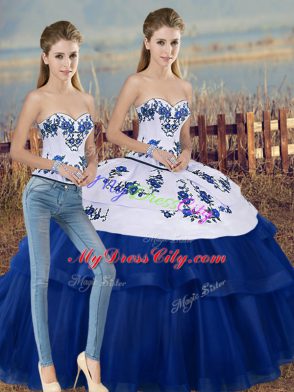 Embroidery and Bowknot 15th Birthday Dress Royal Blue Lace Up Sleeveless Floor Length