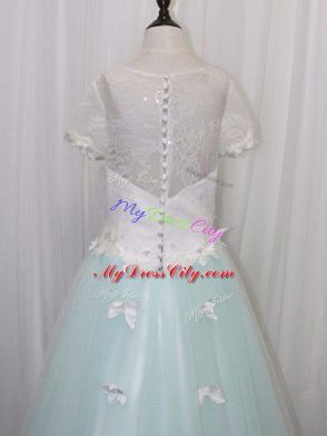 Fabulous Apple Green Clasp Handle Flower Girl Dresses for Less Appliques Short Sleeves Brush Train