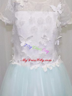 Fabulous Apple Green Clasp Handle Flower Girl Dresses for Less Appliques Short Sleeves Brush Train