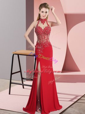 Perfect Floor Length Red Homecoming Dresses Halter Top Sleeveless Backless