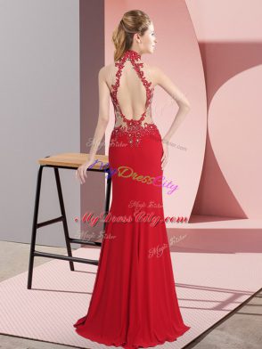 Perfect Floor Length Red Homecoming Dresses Halter Top Sleeveless Backless