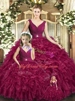 Latest Ball Gowns Quinceanera Gown Burgundy V-neck Organza Sleeveless Floor Length Backless