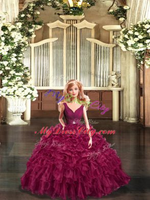 Latest Ball Gowns Quinceanera Gown Burgundy V-neck Organza Sleeveless Floor Length Backless