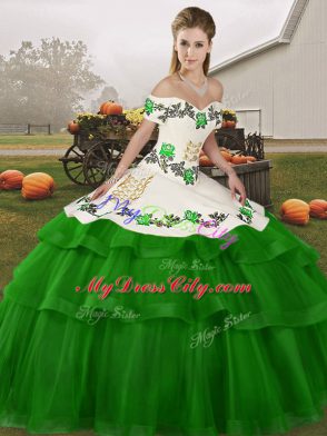 Nice Brush Train Ball Gowns Sweet 16 Quinceanera Dress Green Off The Shoulder Tulle Sleeveless Lace Up