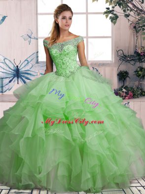 Green Sleeveless Beading and Ruffles Floor Length Quinceanera Dresses