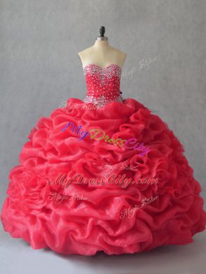 Lovely Coral Red Sweetheart Lace Up Beading and Pick Ups Quinceanera Dress Sleeveless