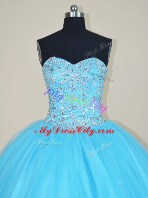 Aqua Blue Ball Gowns Sweetheart Sleeveless Tulle Floor Length Lace Up Beading Ball Gown Prom Dress