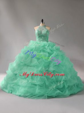 Fancy Apple Green Sleeveless Court Train Beading and Pick Ups Quinceanera Dresses