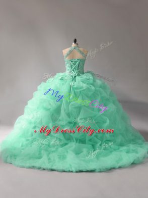 Fancy Apple Green Sleeveless Court Train Beading and Pick Ups Quinceanera Dresses