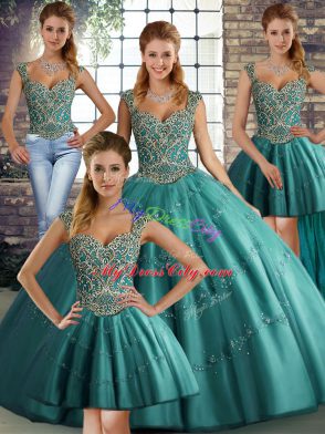 Customized Sleeveless Tulle Floor Length Lace Up Quince Ball Gowns in Teal with Beading and Appliques