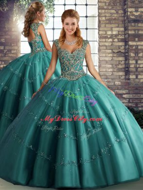 Customized Sleeveless Tulle Floor Length Lace Up Quince Ball Gowns in Teal with Beading and Appliques