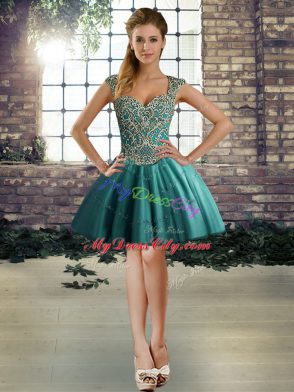 Customized Sleeveless Tulle Floor Length Lace Up Quince Ball Gowns in Teal with Beading and Appliques