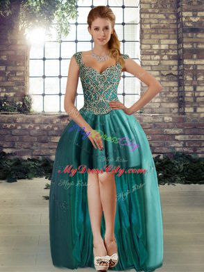 Customized Sleeveless Tulle Floor Length Lace Up Quince Ball Gowns in Teal with Beading and Appliques