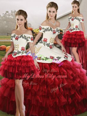 Embroidery and Ruffled Layers Quinceanera Dress Wine Red Lace Up Sleeveless Floor Length