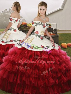 Embroidery and Ruffled Layers Quinceanera Dress Wine Red Lace Up Sleeveless Floor Length