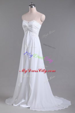 High End White Wedding Dresses Wedding Party with Beading and Lace Sweetheart Sleeveless Brush Train Lace Up