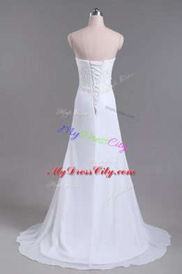 High End White Wedding Dresses Wedding Party with Beading and Lace Sweetheart Sleeveless Brush Train Lace Up