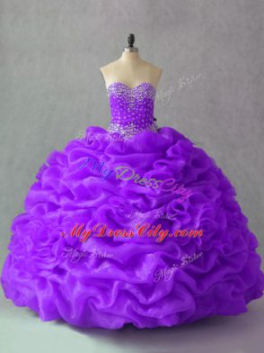 Glittering Organza Sleeveless Floor Length Ball Gown Prom Dress and Beading and Pick Ups and Hand Made Flower