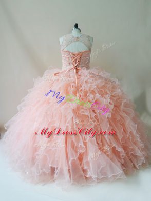 Tulle Sleeveless Floor Length Ball Gown Prom Dress and Beading and Ruffles