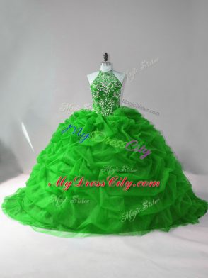 Wonderful Green Lace Up Quinceanera Gowns Beading and Pick Ups Sleeveless Court Train