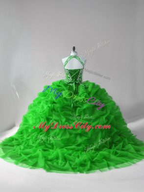 Wonderful Green Lace Up Quinceanera Gowns Beading and Pick Ups Sleeveless Court Train