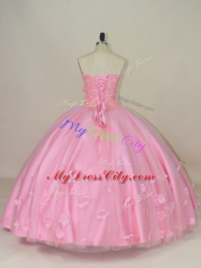 Dynamic Baby Pink Tulle Lace Up Quinceanera Dress Sleeveless Floor Length Beading and Hand Made Flower